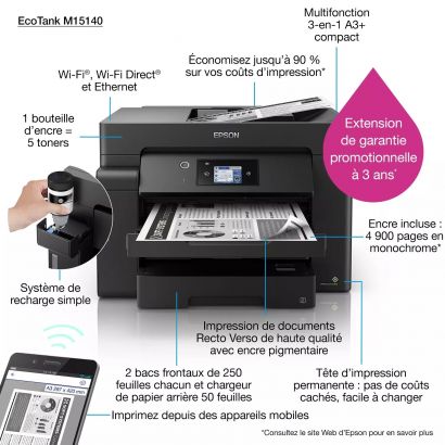 Imprimante A3 multifonction à réservoirs rechargeables Epson EcoTank M15140 (C11CJ41403)